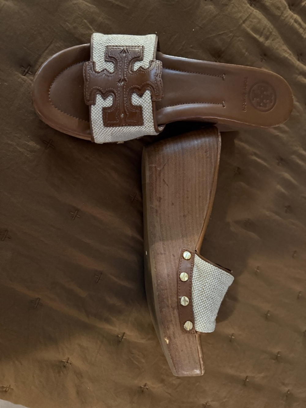 Tory Burch Brown Leather & Cream Woven Slide Sandals - Picture 2 of 3